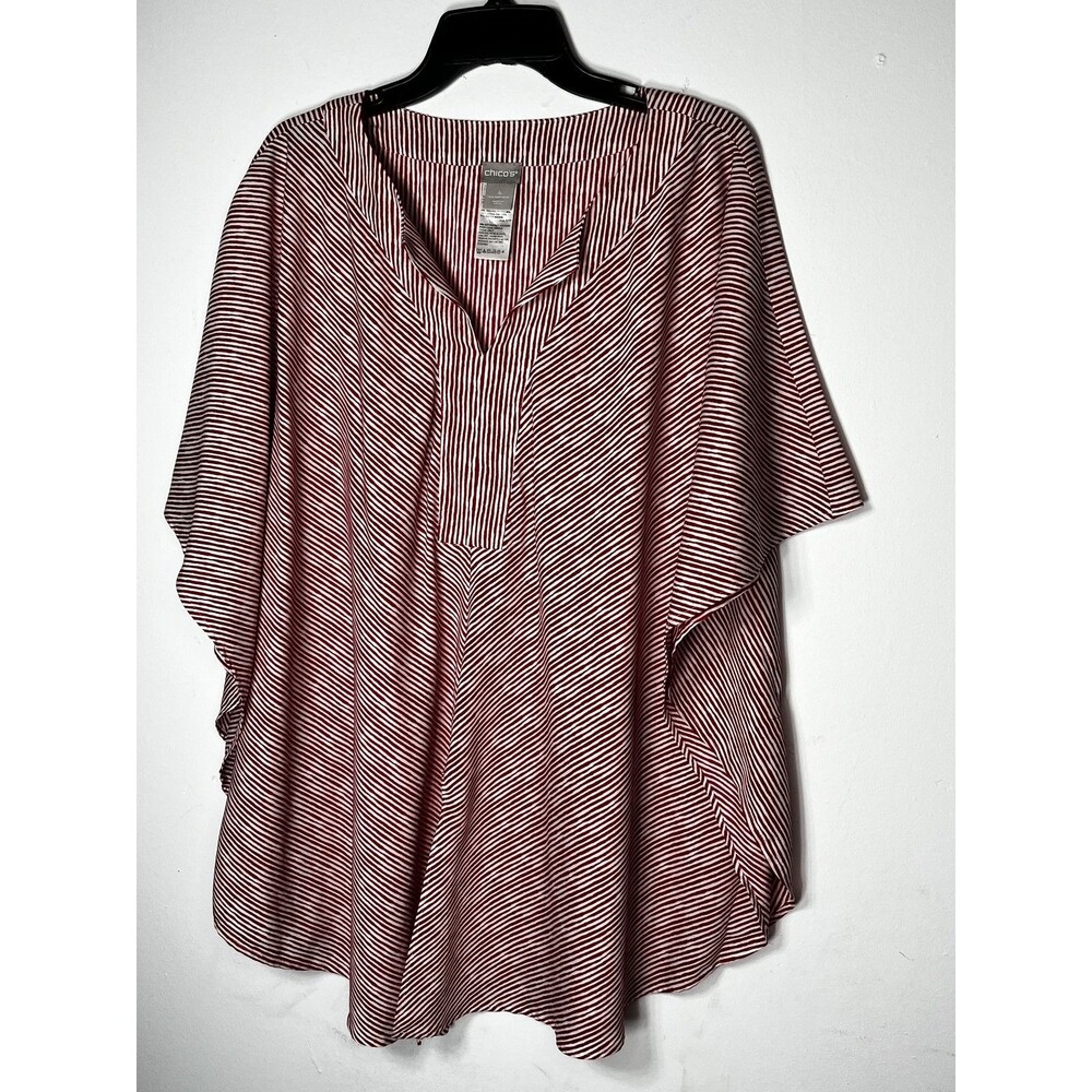 Chico's Blouse Womens Size XXL 4 Red Stripe V Neck Short Kimono Sleeve Tunic